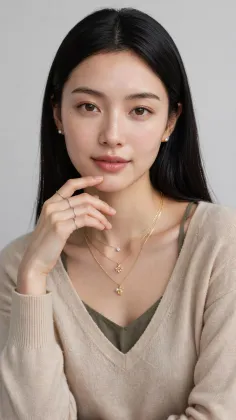 Woman with long dark hair wearing layered necklaces and a v-neck sweater