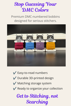 Four colorful embroidery floss bobbins with cat-shaped tops