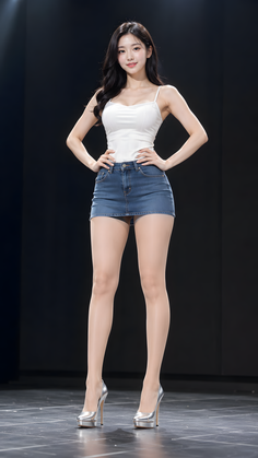 Woman in a white top and denim skirt posing in a studio