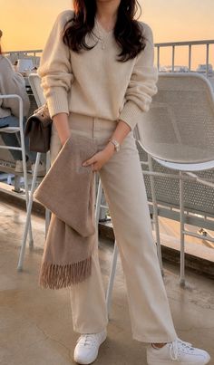 Woman in a beige sweater and wide leg pants on a rooftop at golden hour