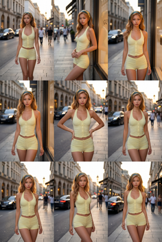 Woman in a yellow halter top and shorts on a street at golden hour