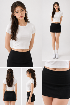 Woman in a white crop top and black mini skirt posing in a studio