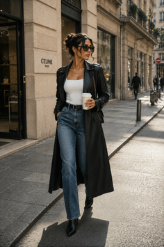 Woman in a black leather trench coat and jeans walking on a city street