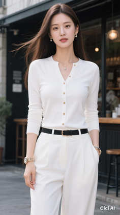 Woman with long brown hair wearing a white cardigan and white pants outdoors