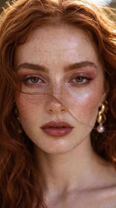Close up portrait of a woman with red hair, freckles, and green eyes