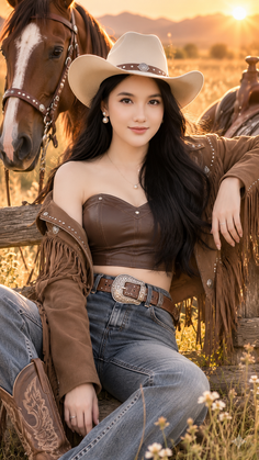 Woman in cowboy attire with a horse at golden hour