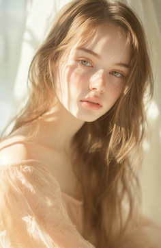 Woman with long hair and freckles in soft, warm lighting