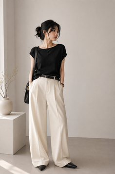 Woman in a black top and wide leg pants with a bun hairstyle indoors