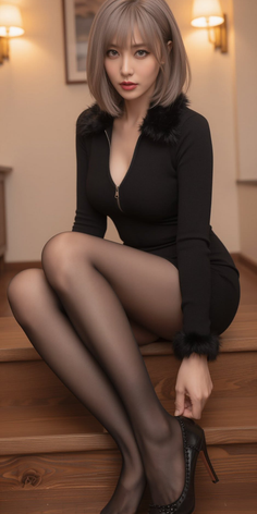 Woman in a black dress and pantyhose sitting on wooden stairs