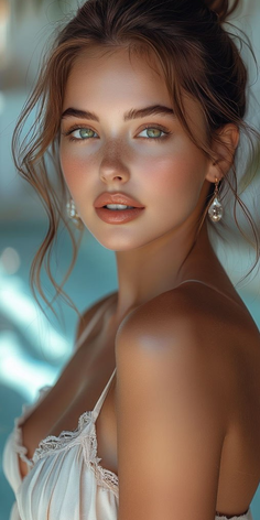 Woman with green eyes and freckles wearing a light-colored top with lace trim