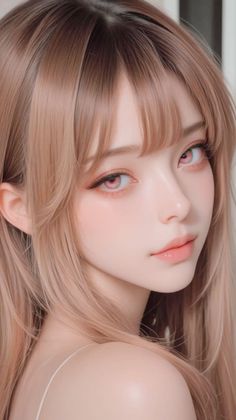Realistic portrait of a woman with long blonde hair and pink eyes
