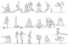 Multiple figures in various yoga poses depicted in continuous line art