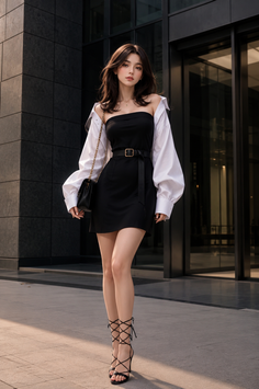 Woman in a black dress and white shirt standing outdoors in a city