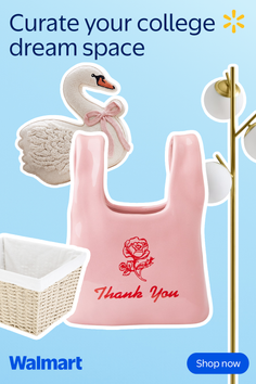 Various home decor items including a swan pillow, pink bag, and wicker basket