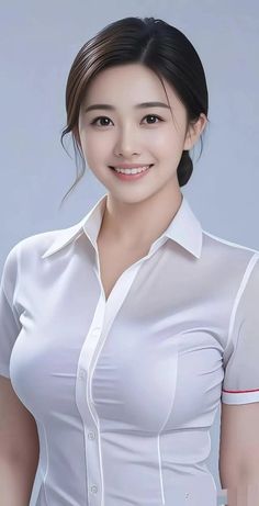 Woman in a tight white shirt with a subtle smile
