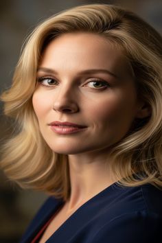 Blonde woman with green eyes in a blue top, looking directly at the viewer