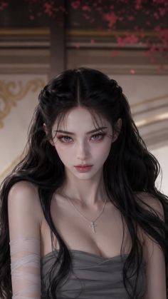 Woman with long black hair and purple eyes wearing a strapless top and cross necklace