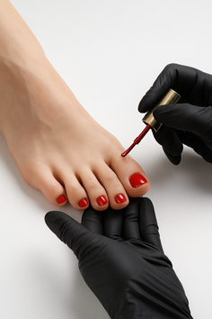 A person's foot receiving a pedicure with red nail polish