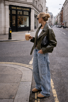 Woman in a green leather jacket and baggy jeans holding an iced coffee on a city street