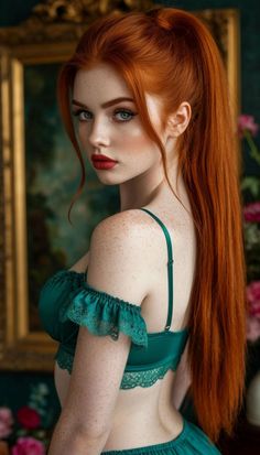 Woman with red hair and freckles wearing green lingerie, looking over her shoulder