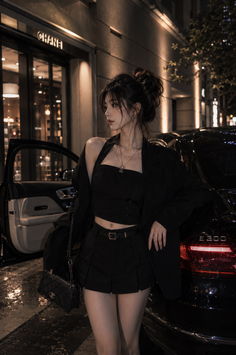 Woman in a black outfit leaning on a luxury car at night