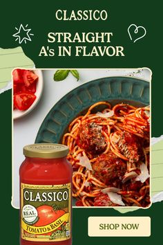 Spaghetti with meatballs and tomato sauce, garnished with parmesan and basil