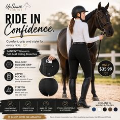 Woman in equestrian gear with a horse outdoors