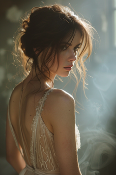 Woman with an updo hairstyle in a backless dress with soft backlight
