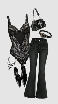 Black lace bodysuit with flared jeans and gothic accessories