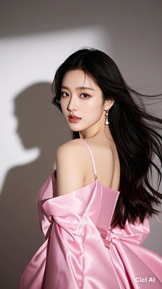 Woman with long black hair wearing a pink dress and earrings in a studio