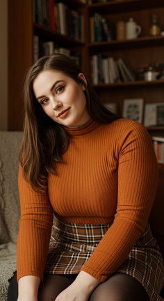 Woman in a brown turtleneck and plaid skirt in an indoor setting