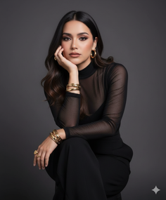 Woman with long dark hair wearing a sheer black top and gold jewelry