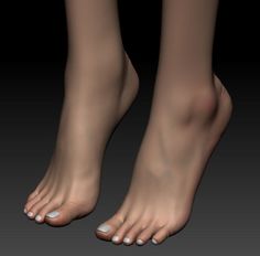 Realistic 3D render of two feet with white nail polish on a dark background
