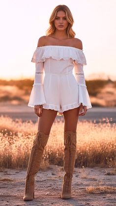 Woman in a white romper and lace-up boots standing outdoors at golden hour