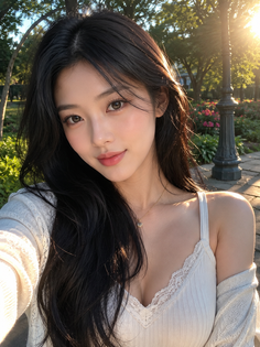 Woman with long black hair wearing a lace top outdoors at golden hour