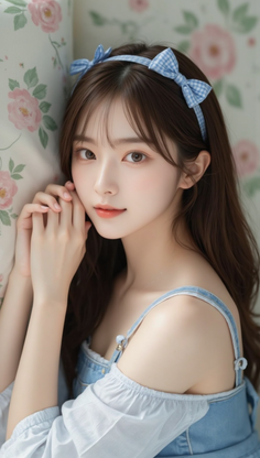 Woman with long brown hair and a blue gingham headband wearing a denim dress
