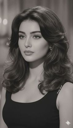Woman with long wavy hair and earrings in a black and white portrait