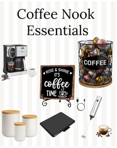 A collection of coffee nook essentials including a coffee maker and pods