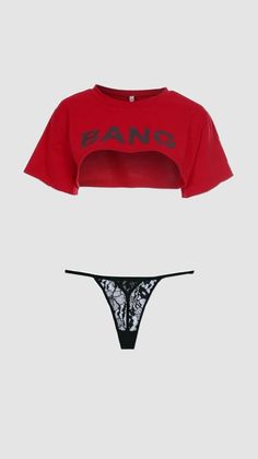 Red crop top with 'BANG' text and black lace thong on a white background