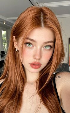 Woman with long red hair, green eyes, and freckles looking at the viewer