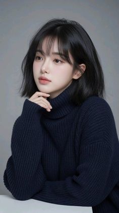 Woman with short black hair wearing a dark blue turtleneck sweater in a studio