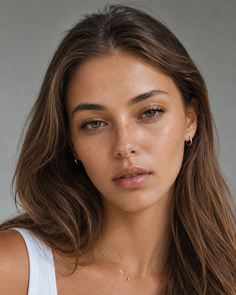 Woman with long brown hair and freckles wearing a white tank top
