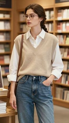 Woman in glasses and a sweater vest standing in front of a bookshelf