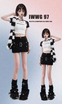 Two anime-style girls in crop tops, mini skirts, and leg warmers
