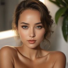 Woman with brown hair and green eyes in a soft lighting portrait