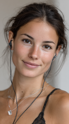 Woman with dark hair and freckles wearing earbuds and a lace top