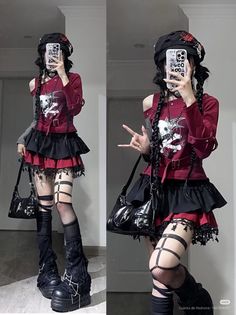 Person in gothic fashion with braided hair and platform boots taking a mirror selfie