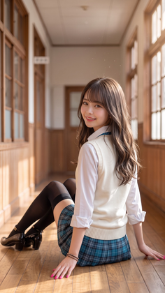 Woman in a school uniform sitting on a wooden floor in a hallway