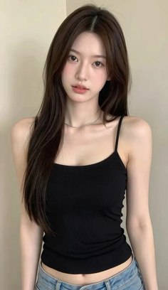 Woman with long dark hair wearing a black tank top and jeans indoors