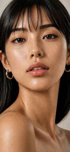 Close up portrait of a woman with black hair and hoop earrings